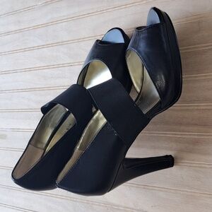 Anne Klein Akextany Leather Open Toe  Elastic Strap Heel Pumps Round Almond Toe